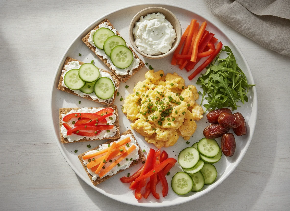Frühstücksteller mit Rührei, Knäckebrot und Gemüse photo
