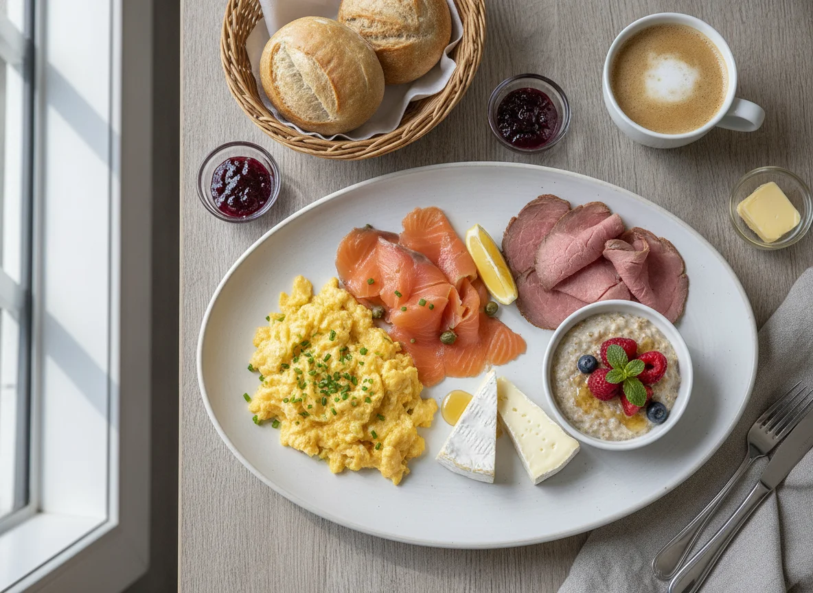 Frühstücksteller mit Rührei, Lachs, Roastbeef, Käse, Porridge und Kaffee photo