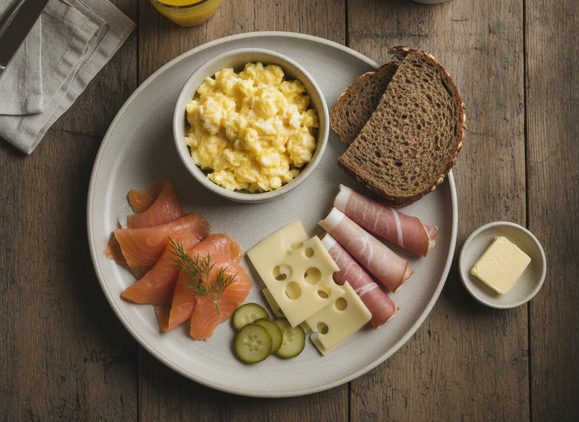 Frühstücksteller mit Rührei, Lachs und Käse photo