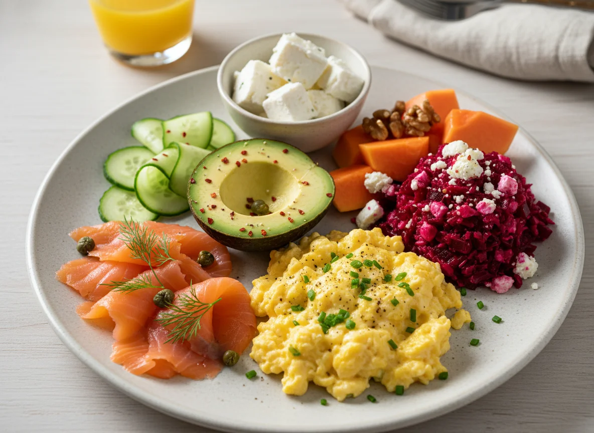 Frühstücksteller mit Rührei, Lachs und Obst photo
