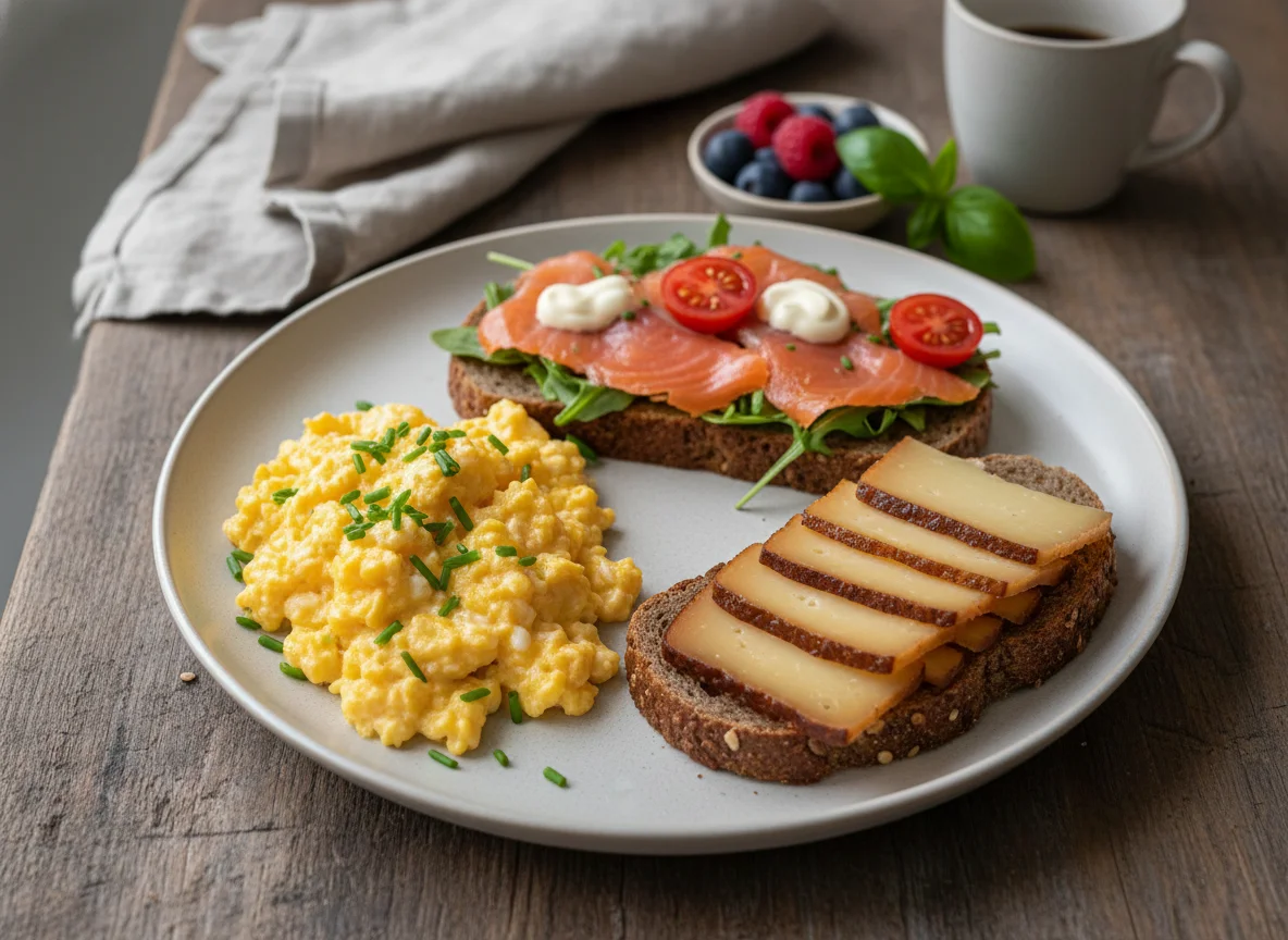 Frühstücksteller mit Rührei, Lachs-Brot und Käse photo