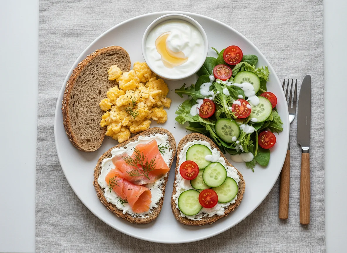 Frühstücksteller mit Rührei, Lachs-Frischkäse-Brot und Salat photo