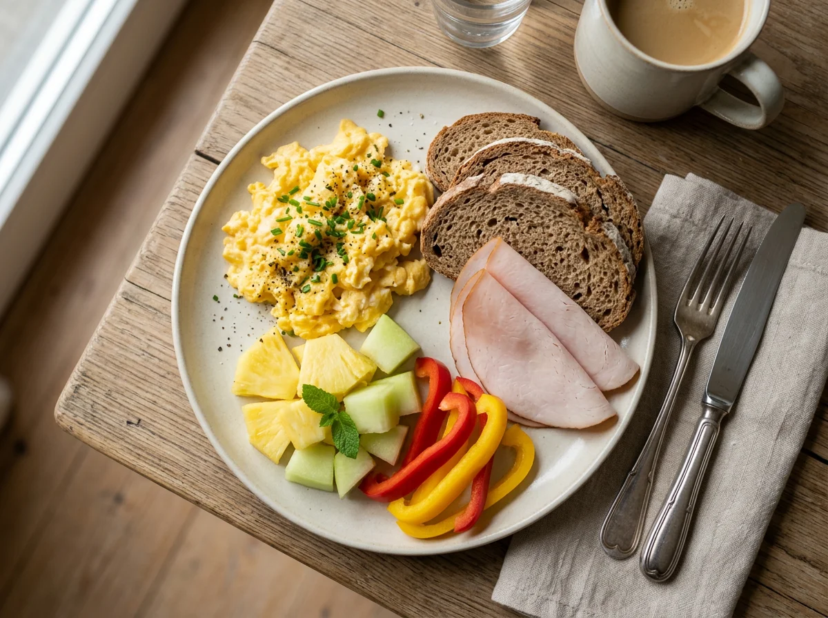 Frühstücksteller mit Rührei, Obst und Brot photo