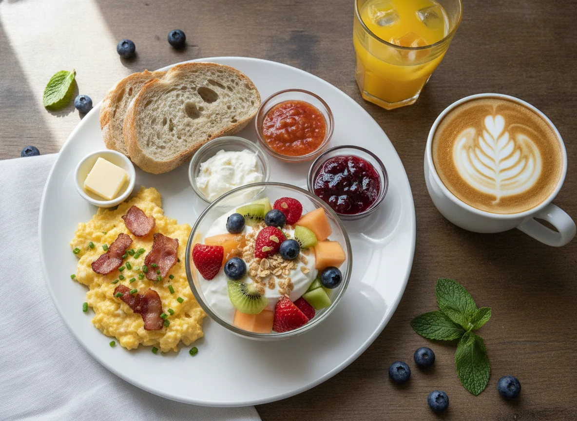Frühstücksteller mit Rührei, Obstsalat und Cappuccino photo