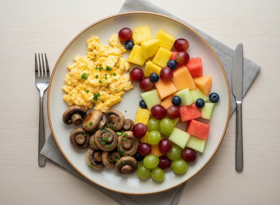 Frühstücksteller mit Rührei, Pilzen und Obst photo