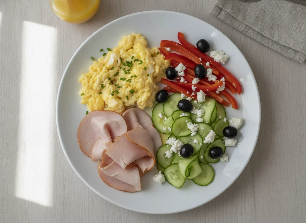 Frühstücksteller mit Rührei, Putenbrust und Gemüse photo