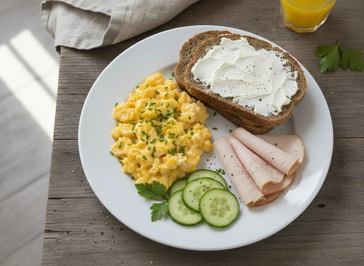Frühstücksteller mit Rührei, Putenbrust und Gurke photo