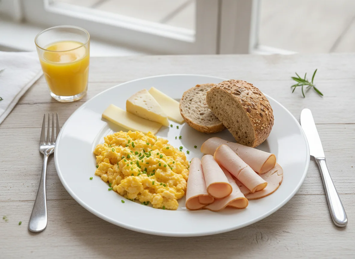 Frühstücksteller mit Rührei, Putenbrust und Vollkornbrötchen photo