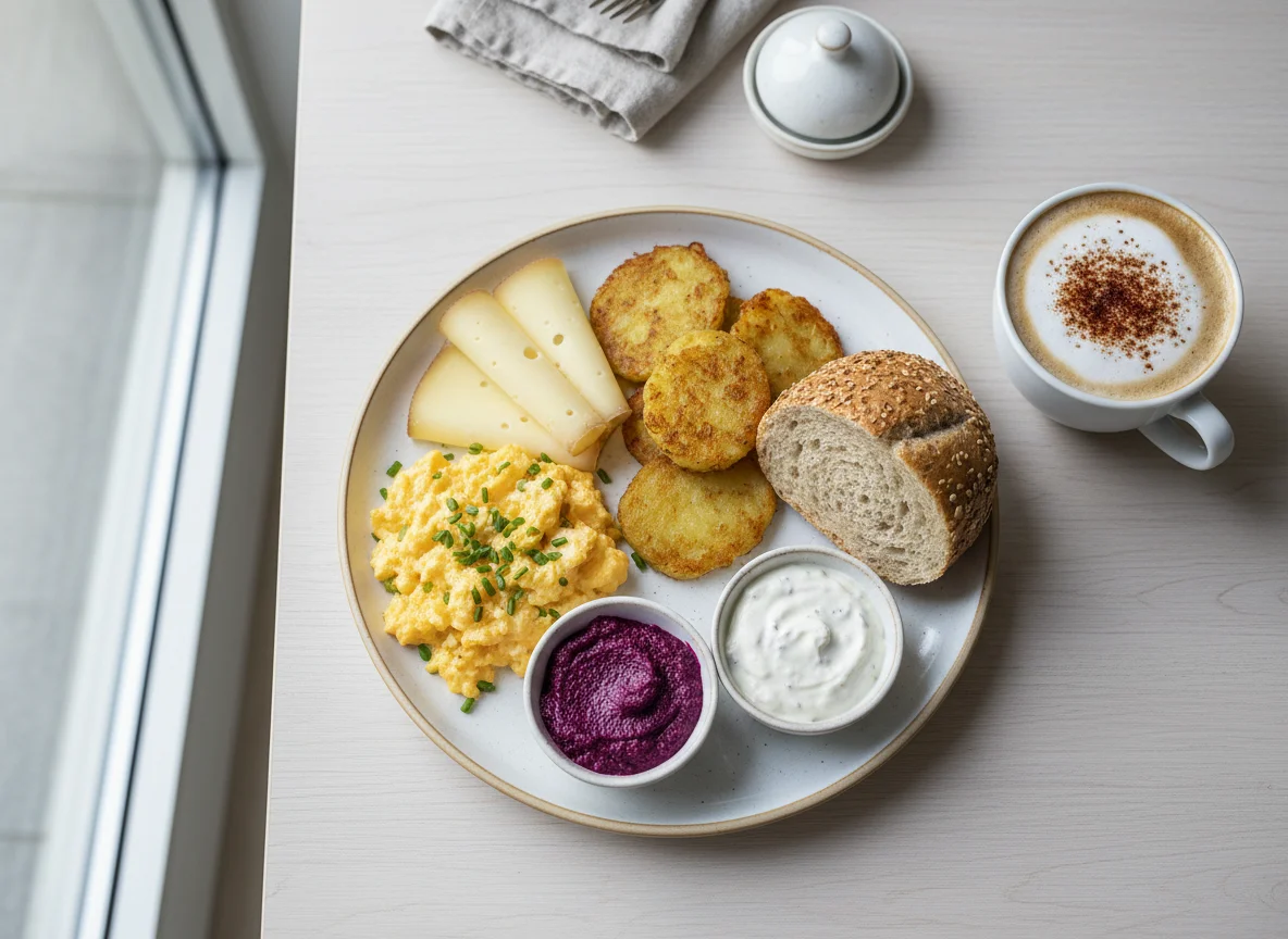Frühstücksteller mit Rührei, Rösti, Käse, Aufstrichen und Brötchen photo