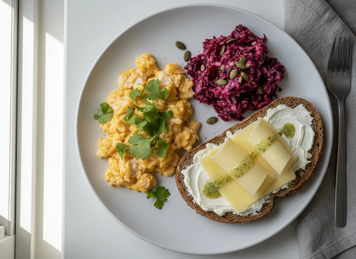 Frühstücksteller mit Rührei, Rote-Bete-Salat und Käsebrot photo