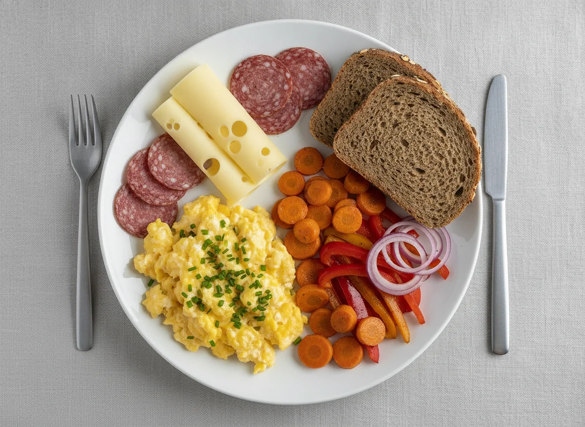 Frühstücksteller mit Rührei, Salami und Gemüse photo