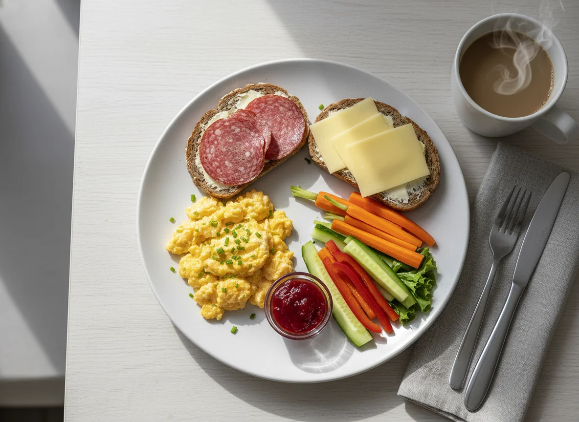 Frühstücksteller mit Rührei, Salami-Brot und Gemüse photo