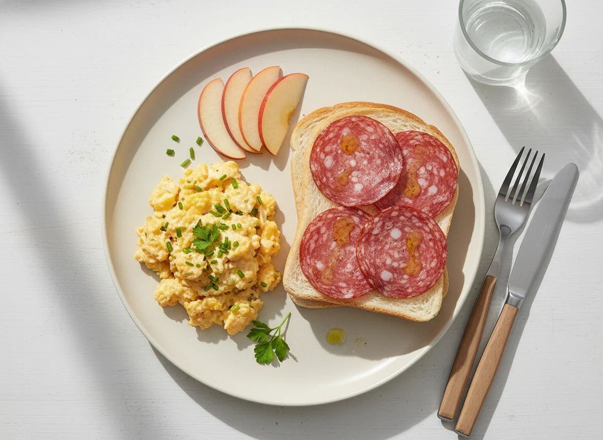 Frühstücksteller mit Rührei, Salami-Toast und Apfel photo