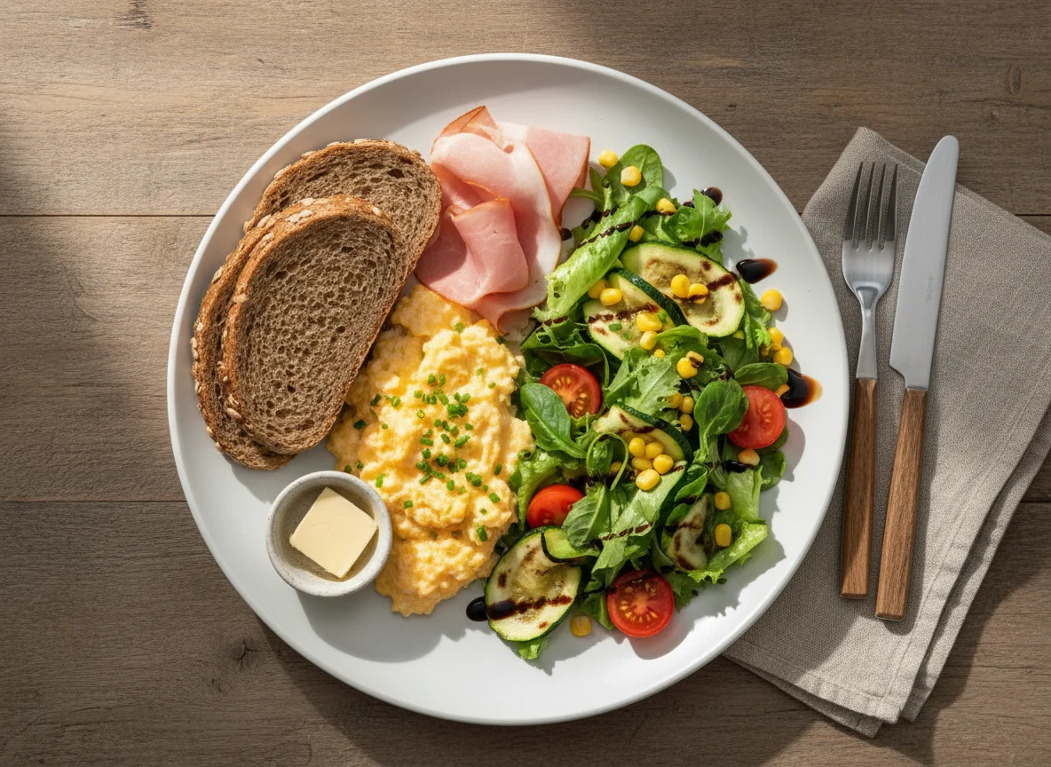 Frühstücksteller mit Rührei, Schinken, Brot und Salat photo