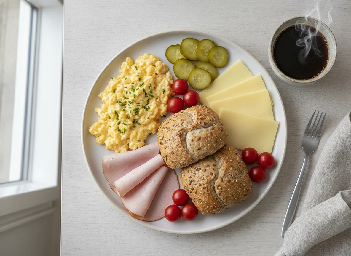 Frühstücksteller mit Rührei, Schinken und Brötchen photo