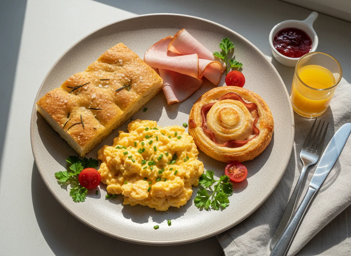 Frühstücksteller mit Rührei, Schinken und Gebäck photo