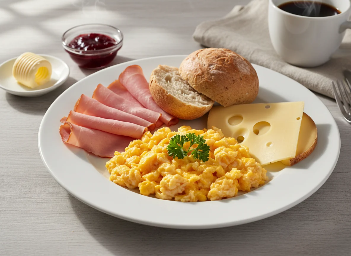 Frühstücksteller mit Rührei, Schinken und Käse photo
