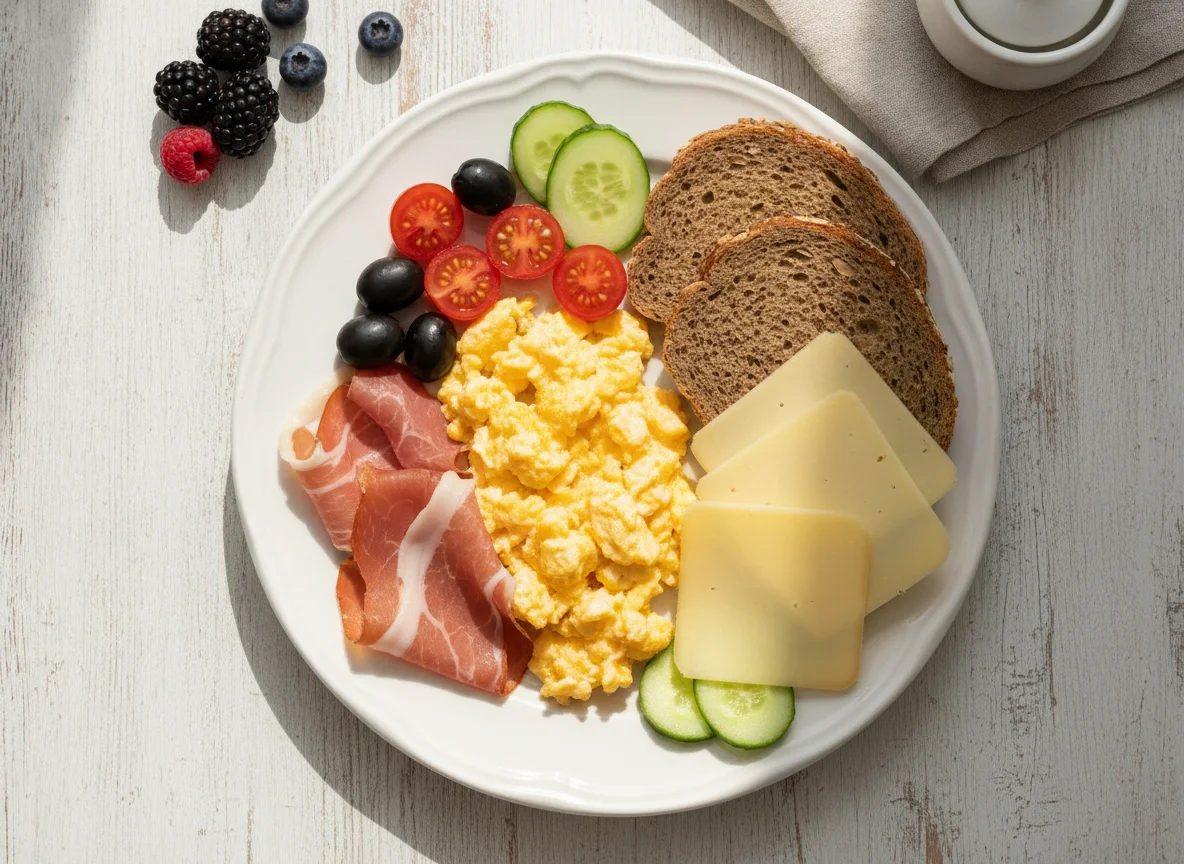 Frühstücksteller mit Rührei, Schinken und Käsebrot photo