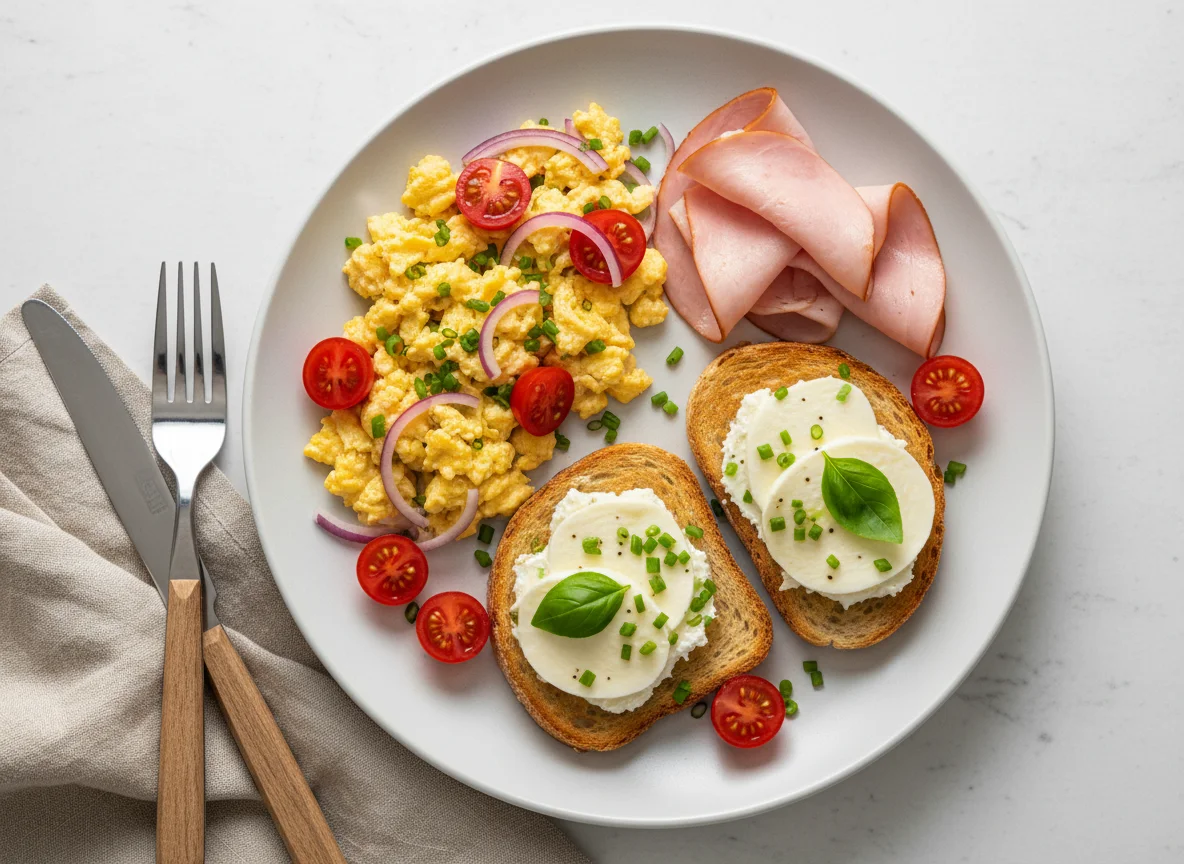 Frühstücksteller mit Rührei, Schinken und Mozzarella-Toast photo