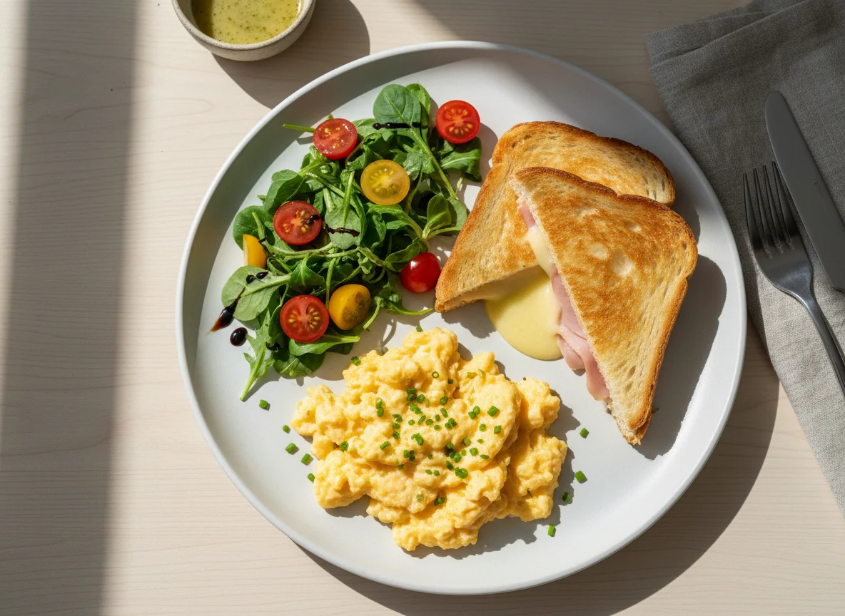 Frühstücksteller mit Rührei, Schinken-Käse-Toast und Salat photo