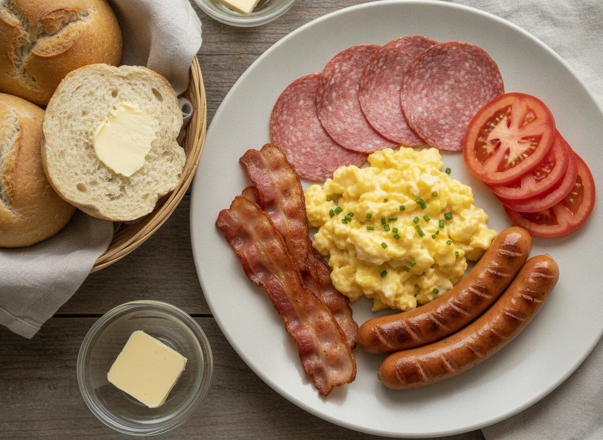 Frühstücksteller mit Rührei, Speck und Brötchen photo
