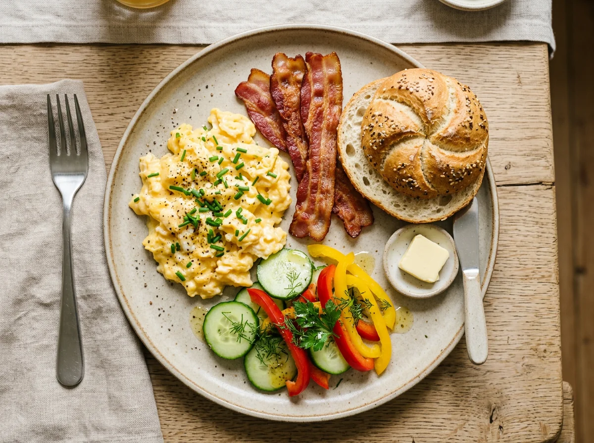 Frühstücksteller mit Rührei, Speck und Gebäck photo
