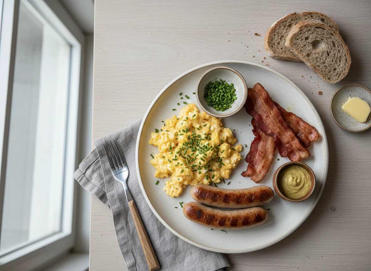 Frühstücksteller mit Rührei, Speck und Würstchen photo
