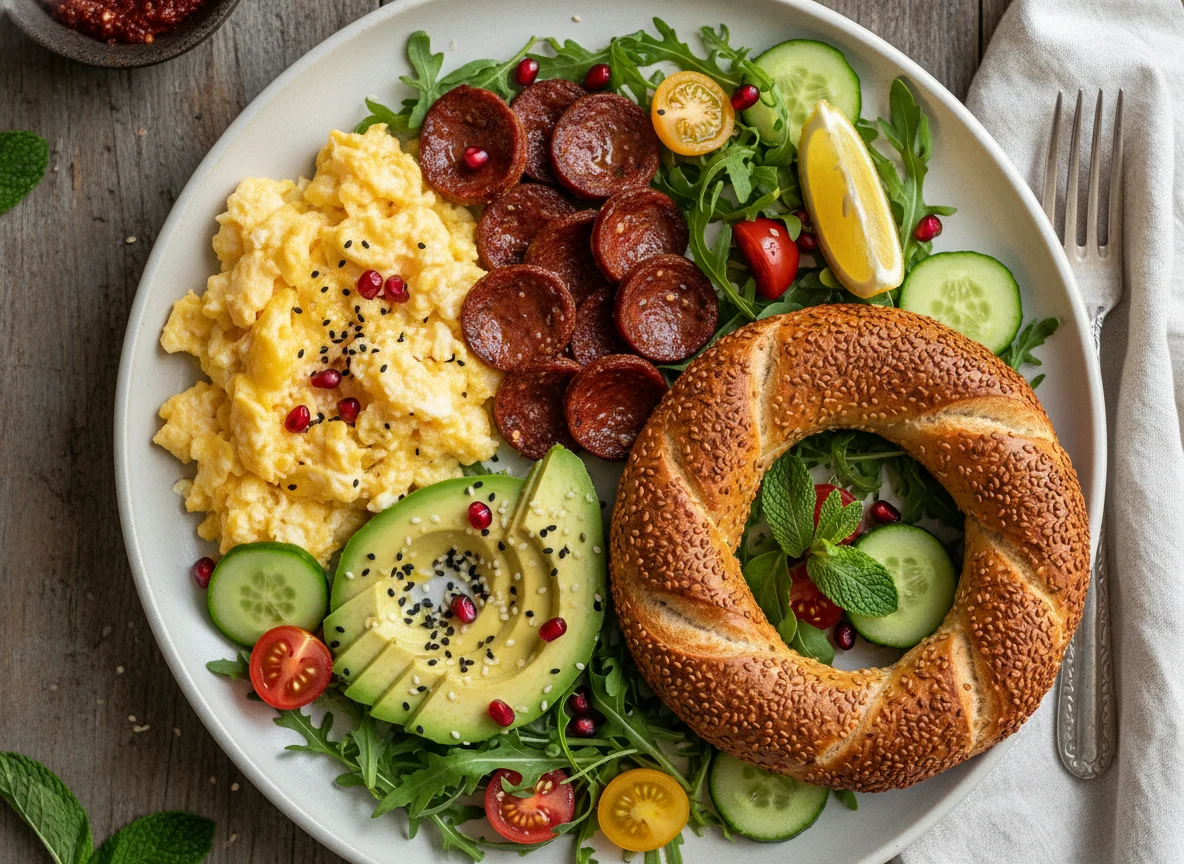 Frühstücksteller mit Rührei, Sucuk und Avocado photo