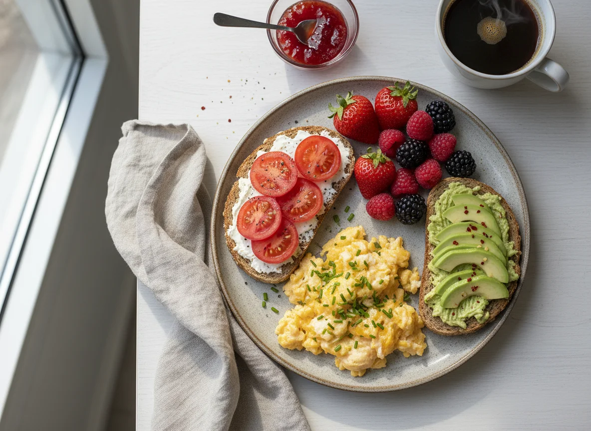 Frühstücksteller mit Rührei, Toast und Beeren photo