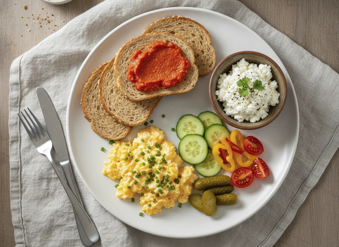 Frühstücksteller mit Rührei, Toast und Gemüse photo