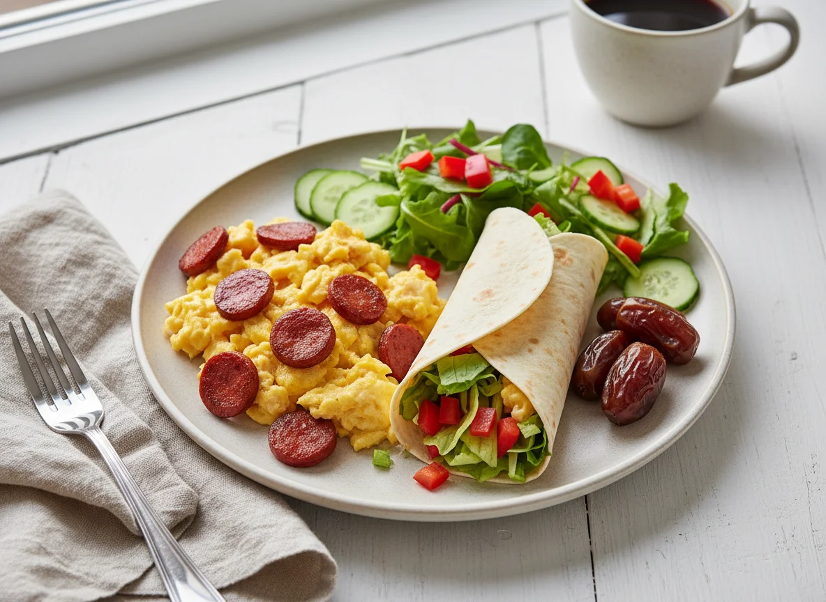Frühstücksteller mit Rührei, Tortilla und Gemüse photo