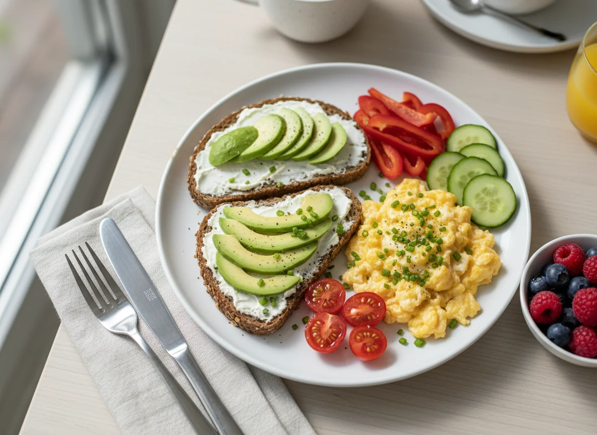 Frühstücksteller mit Rührei und Avocado-Brot photo