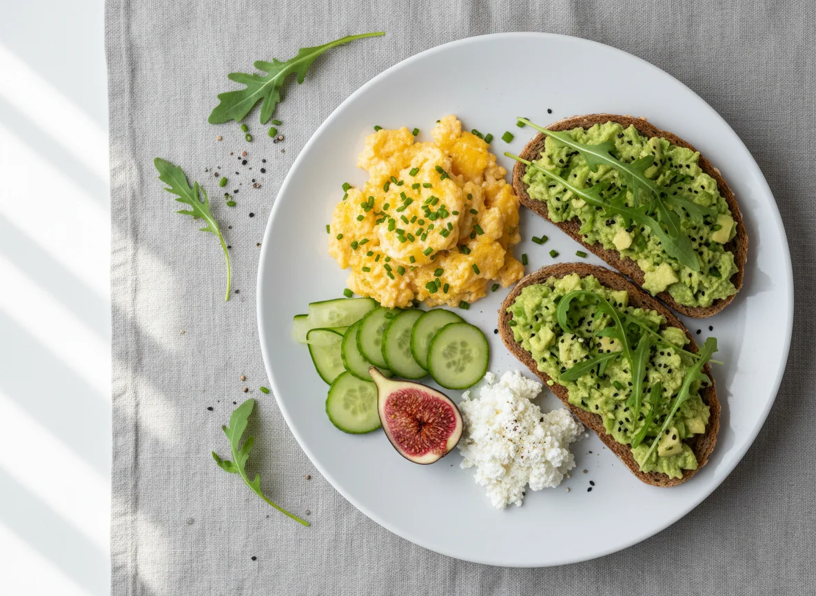 Frühstücksteller mit Rührei und Avocado-Toast photo