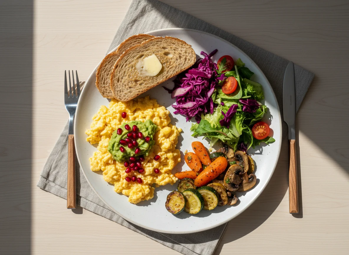 Frühstücksteller mit Rührei und Beilagen photo