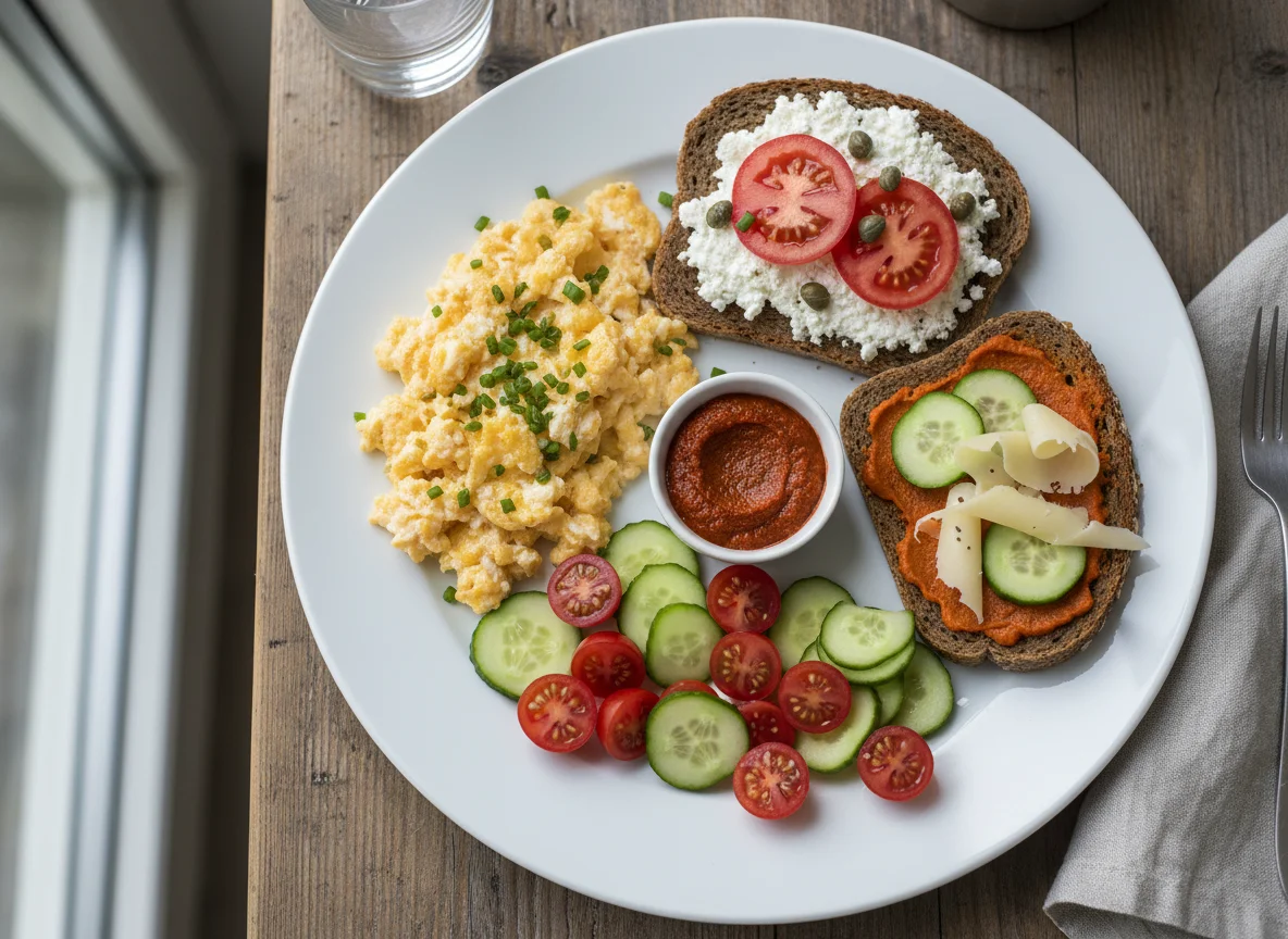 Frühstücksteller mit Rührei und belegtem Brot photo