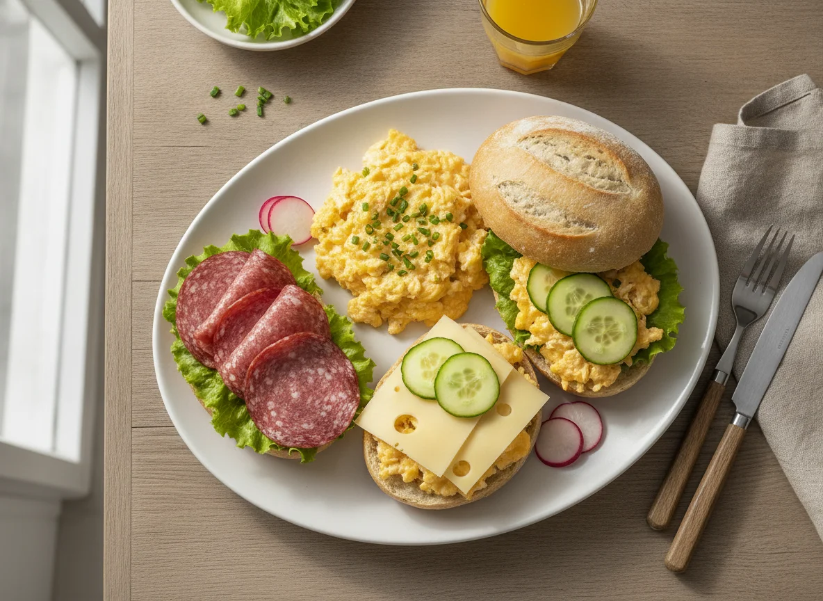 Frühstücksteller mit Rührei und belegten Brötchen photo