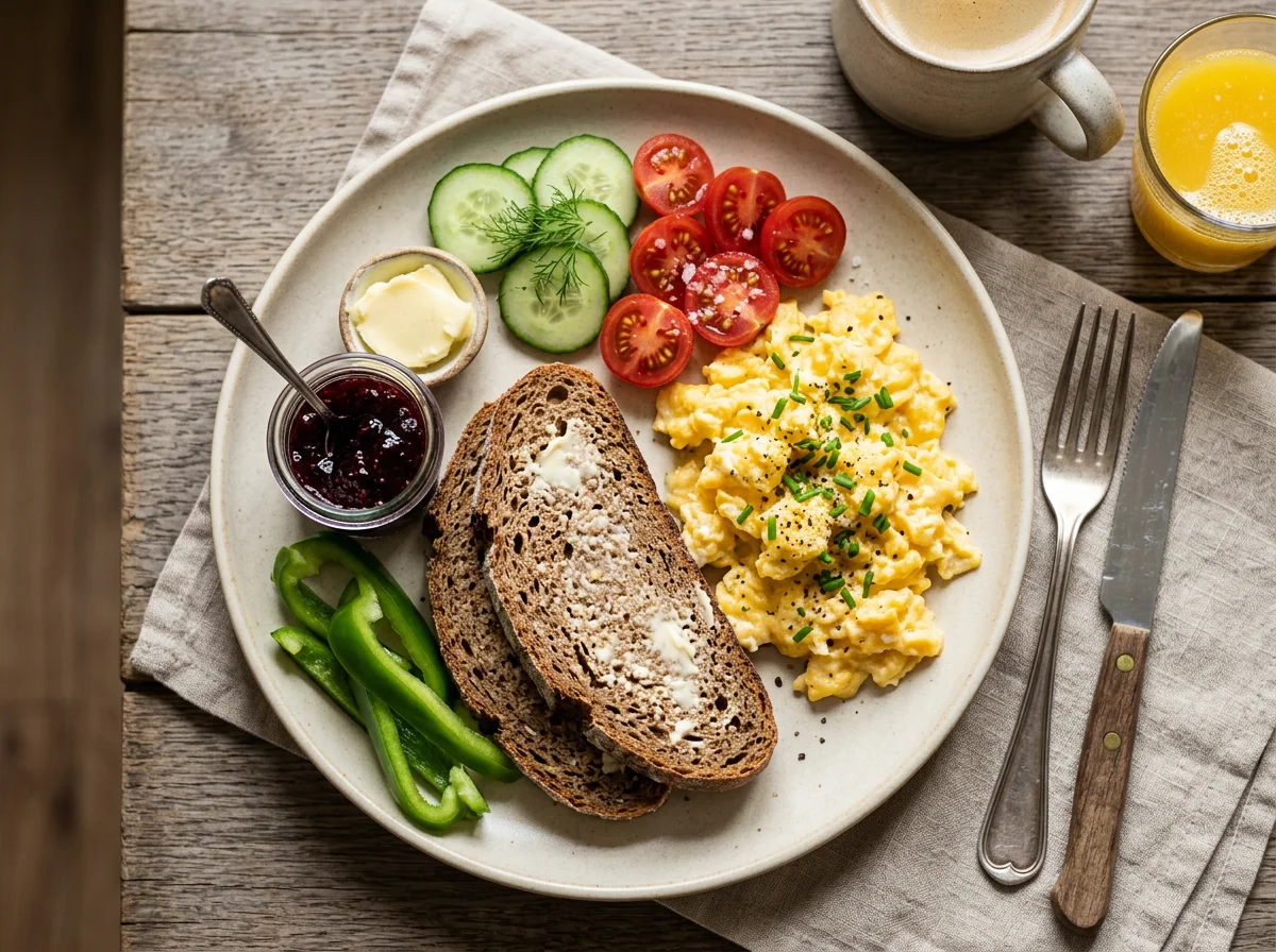 Frühstücksteller mit Rührei und Brot photo