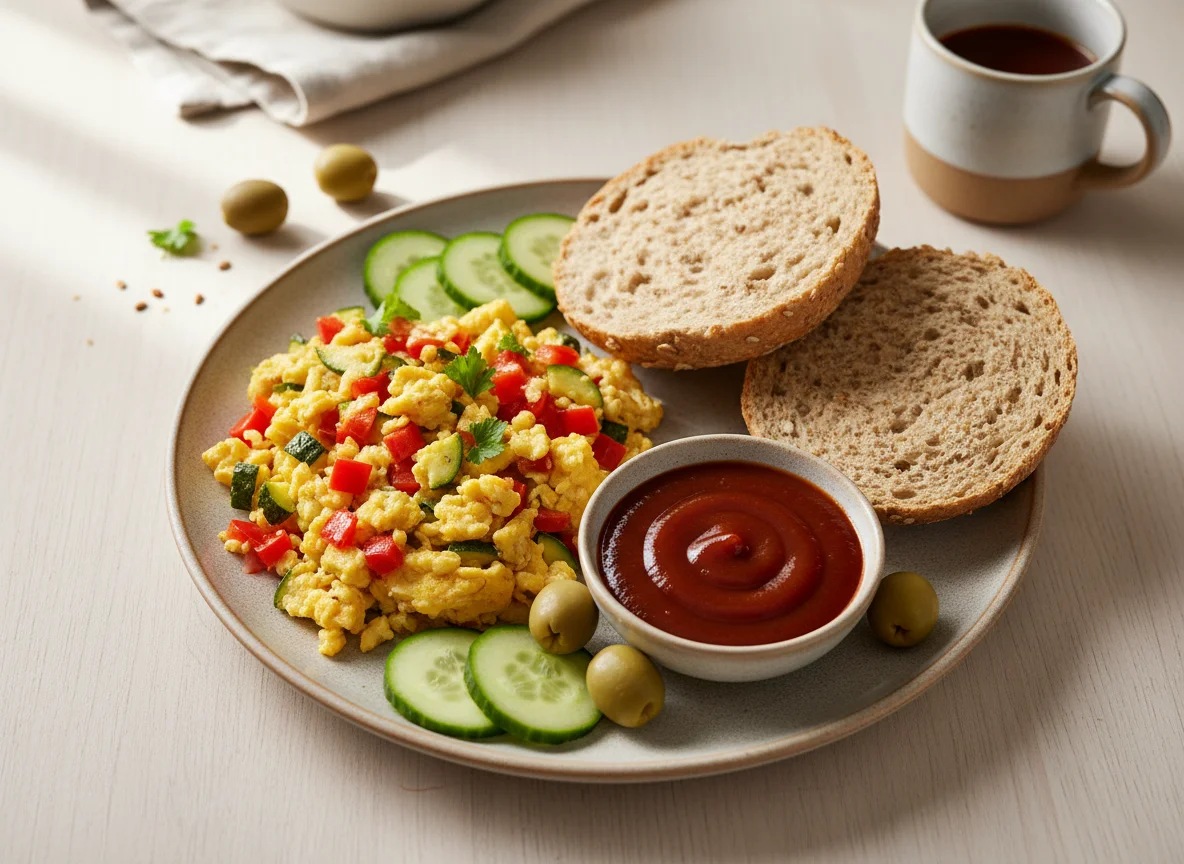 Frühstücksteller mit Rührei und Brötchen photo