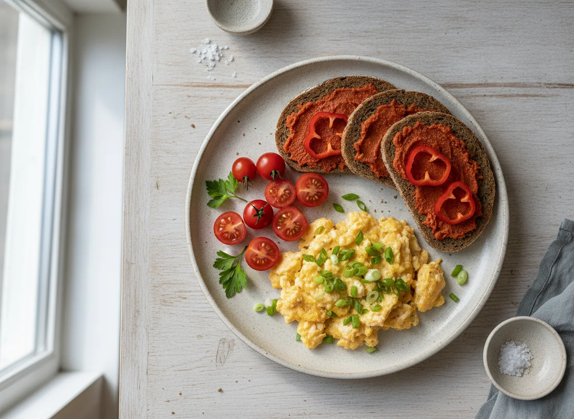 Frühstücksteller mit Rührei und Broten photo