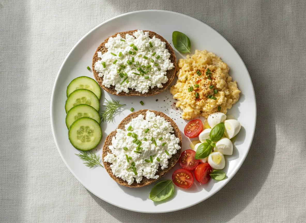 Frühstücksteller mit Rührei und Frischkäsebrötchen photo