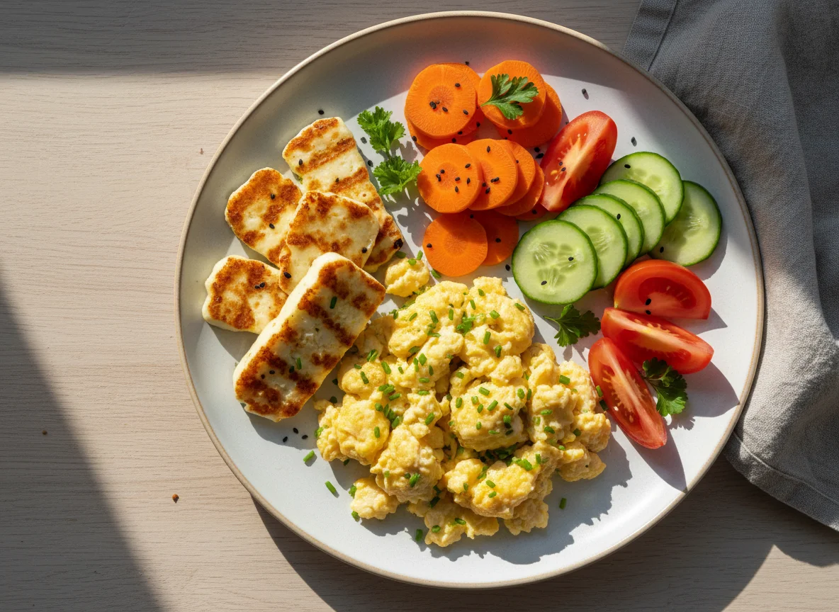 Frühstücksteller mit Rührei und Gemüse photo