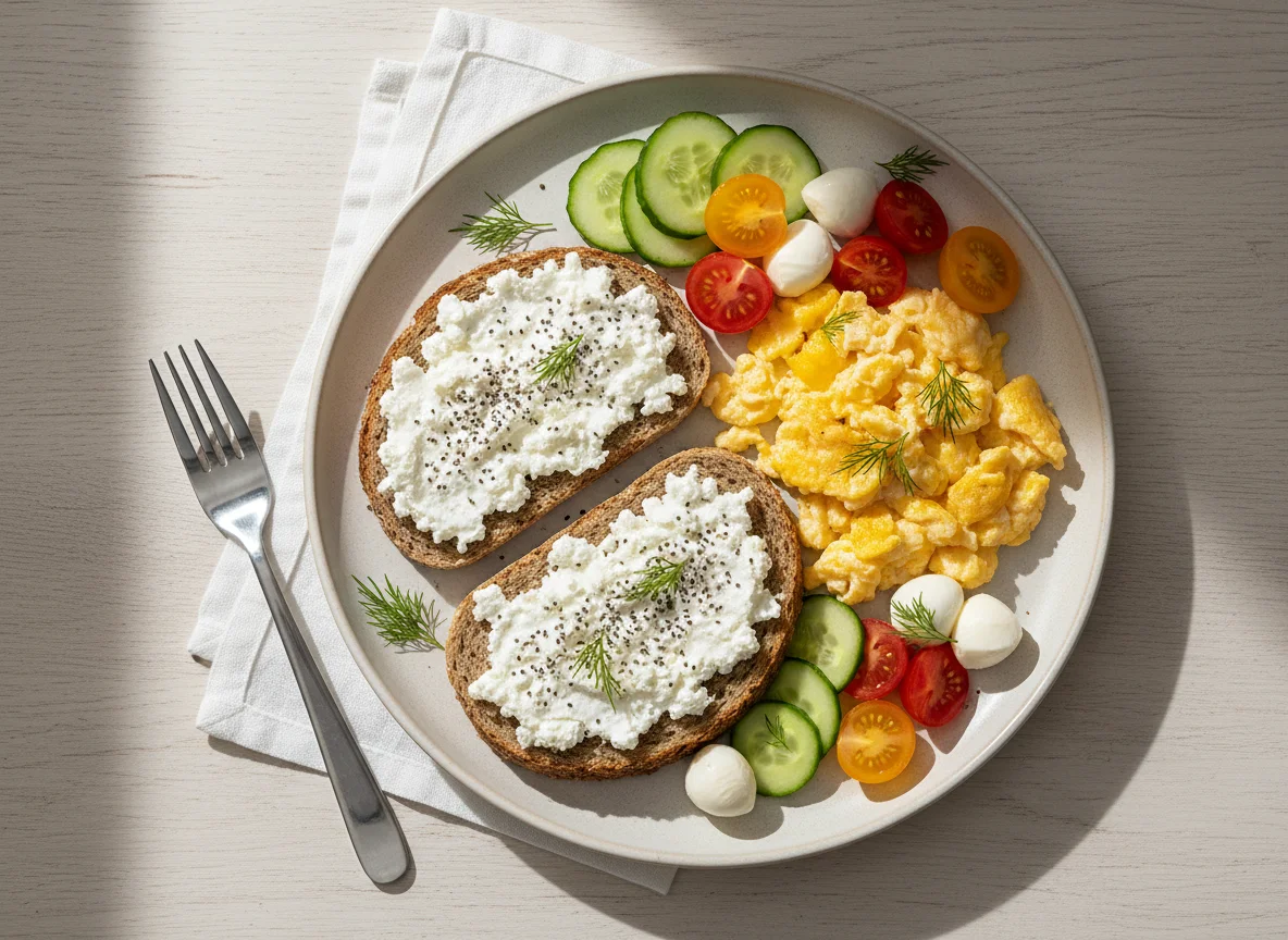 Frühstücksteller mit Rührei und Hüttenkäsebrot photo