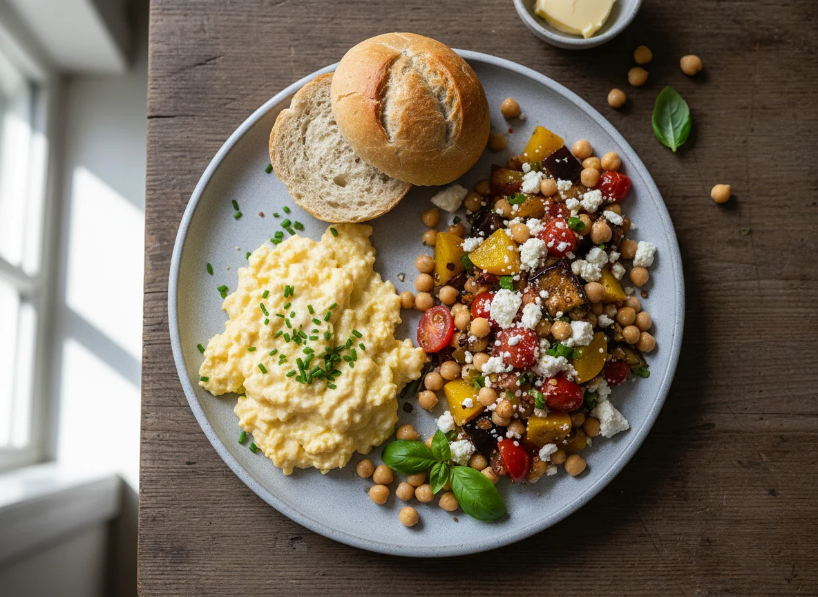 Frühstücksteller mit Rührei und Kichererbsensalat photo