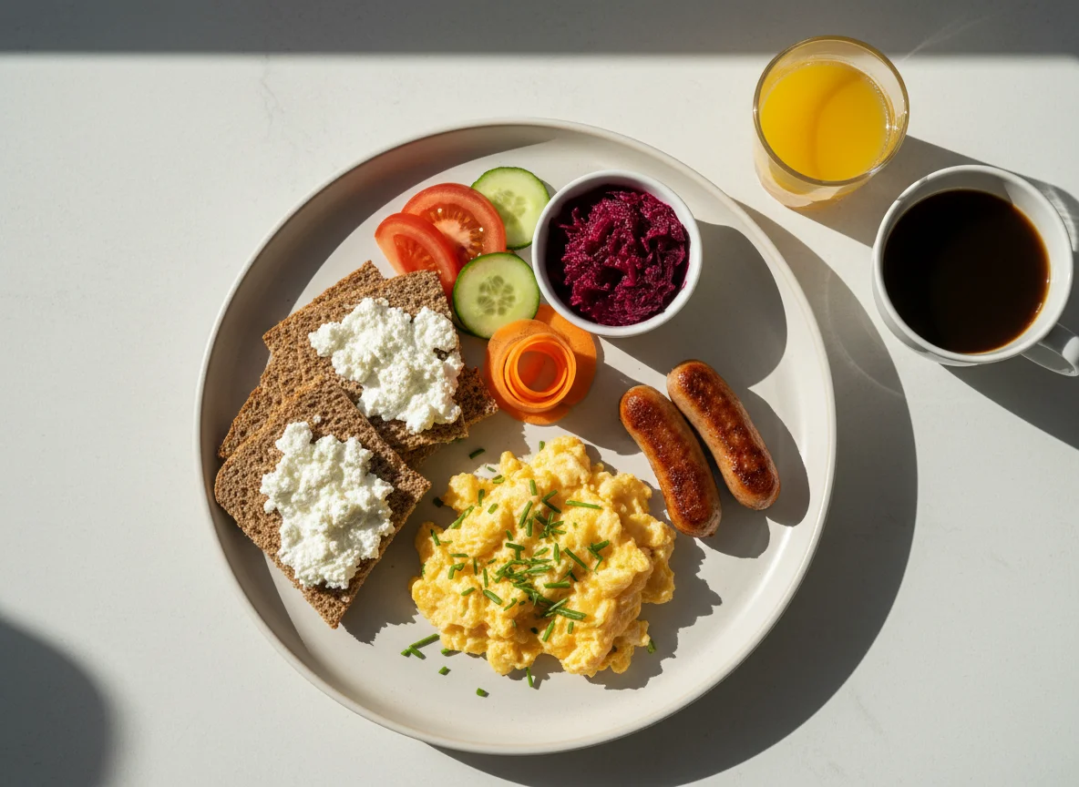 Frühstücksteller mit Rührei und Knäckebrot photo