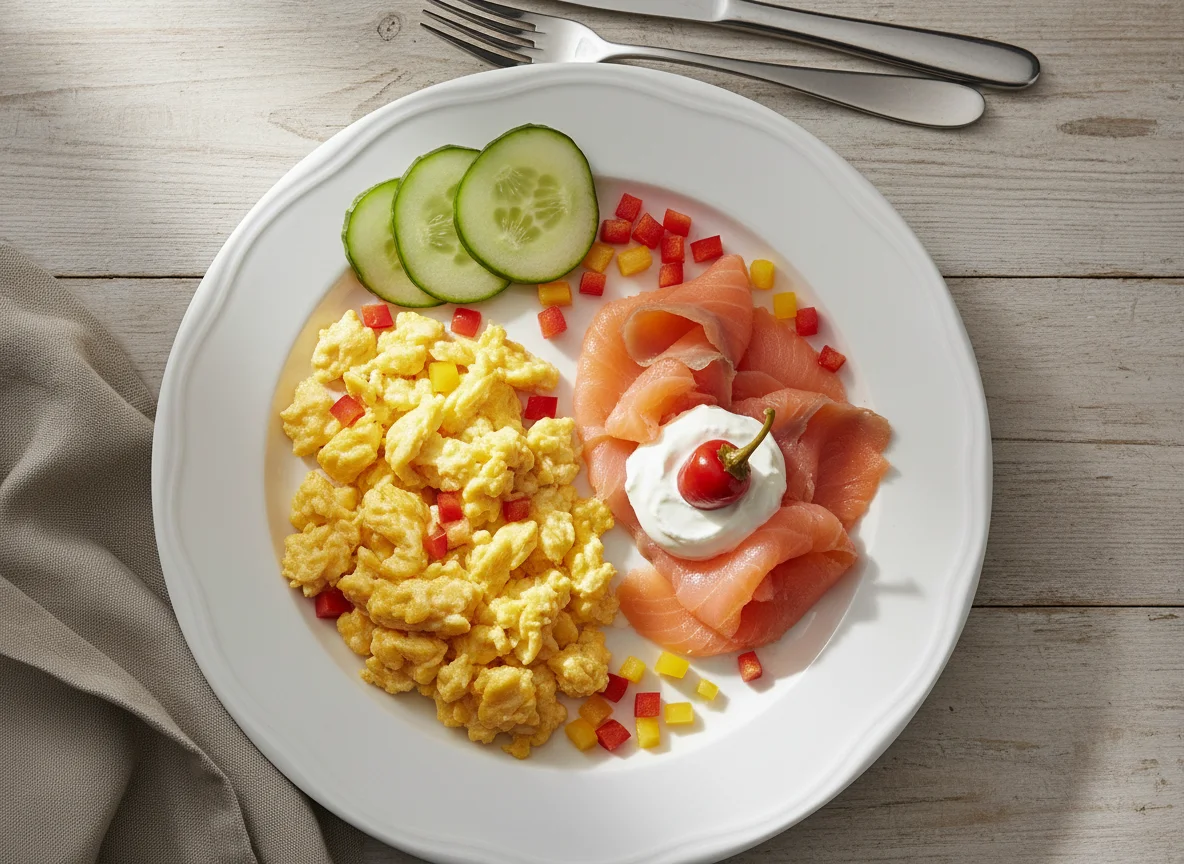 Frühstücksteller mit Rührei und Lachs photo