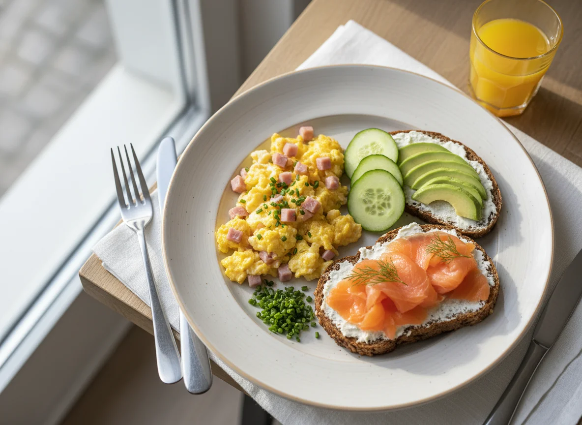 Frühstücksteller mit Rührei und Lachs-Brot photo