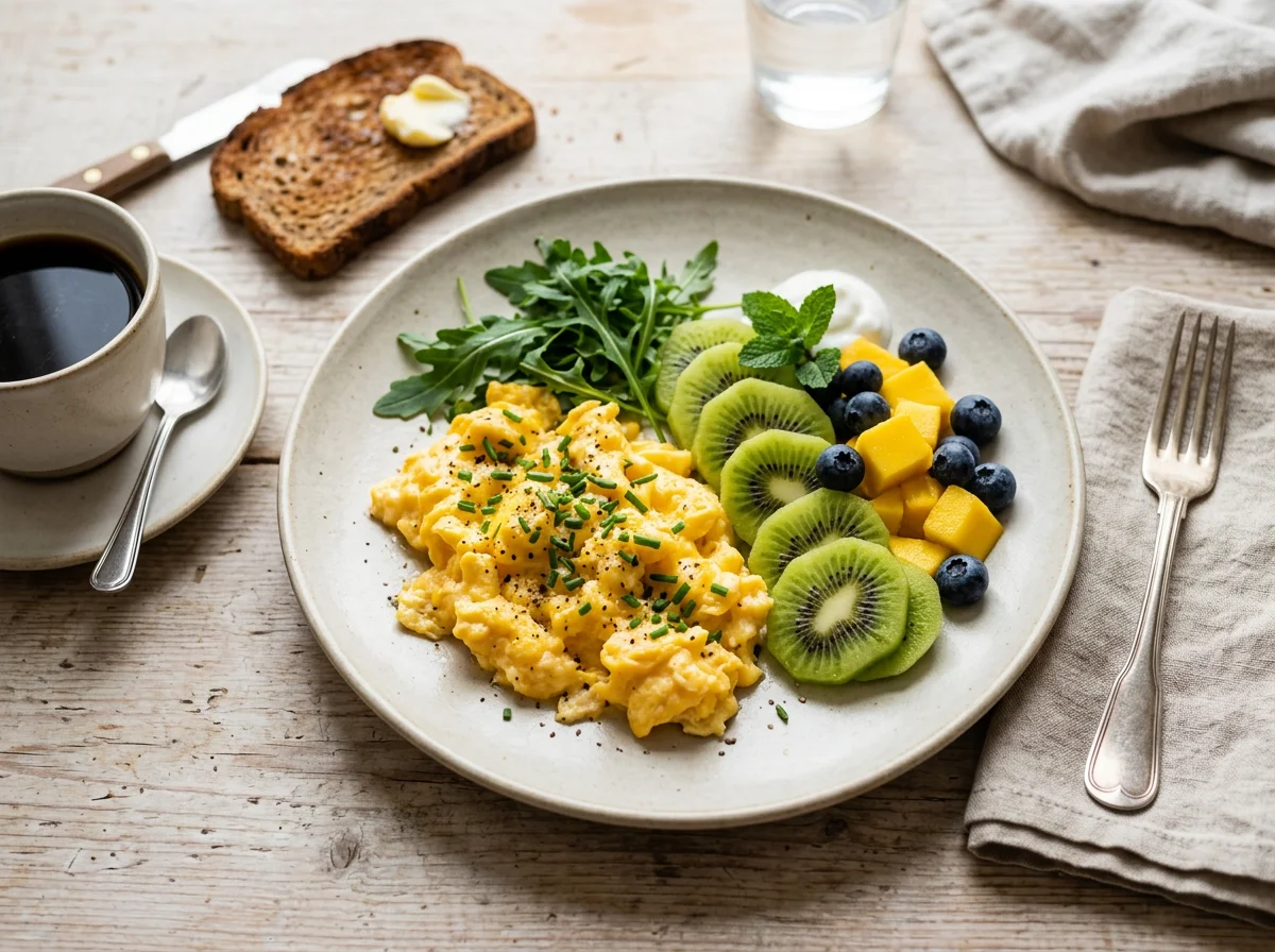 Frühstücksteller mit Rührei und Obst photo