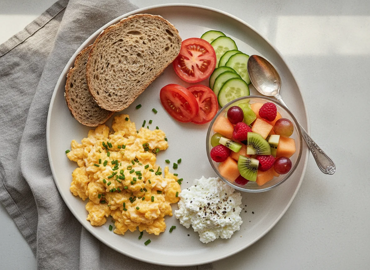 Frühstücksteller mit Rührei und Obstsalat photo