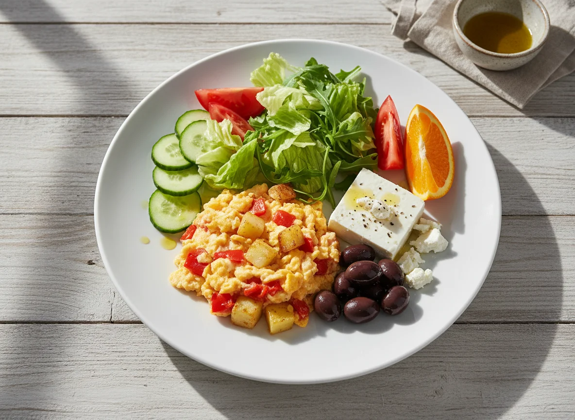 Frühstücksteller mit Rührei und Salat photo