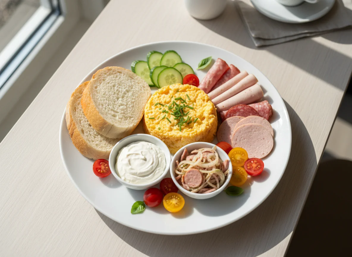 Frühstücksteller mit Rührei und Wurst photo